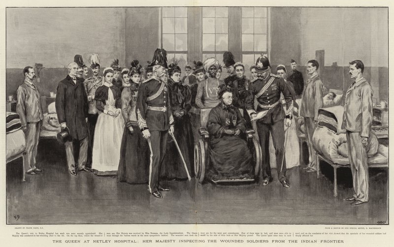Drottningen på Netley Hospital, Hennes Majestät inspekterar de sårade soldaterna från Indian Frontier av Frank Dadd