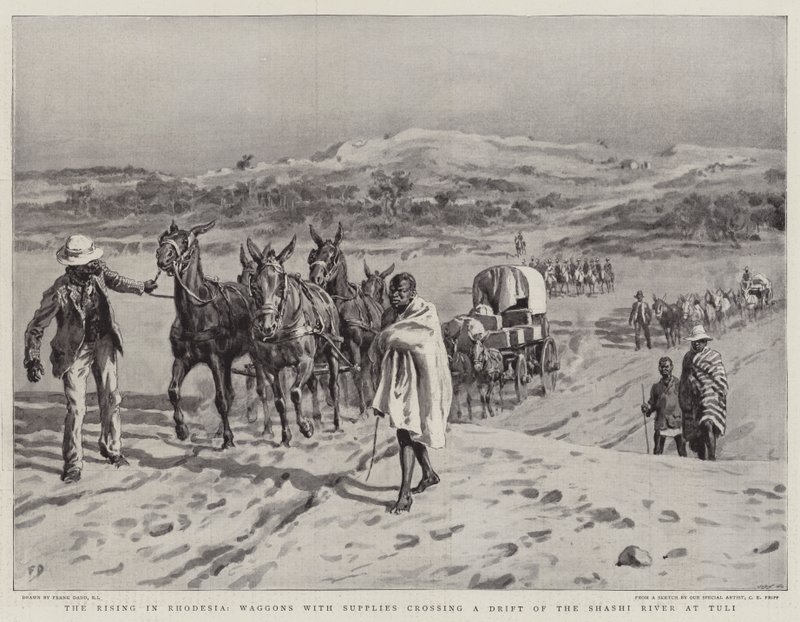 The Rising in Rhodesia, vagnar med förnödenheter som korsar en drift av Shashifloden vid Tuli av Frank Dadd