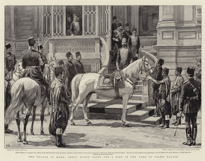 Sultanen hemma, Abdul Hamid tar en tur i Yildiz-palatsets park. av Frank Dadd