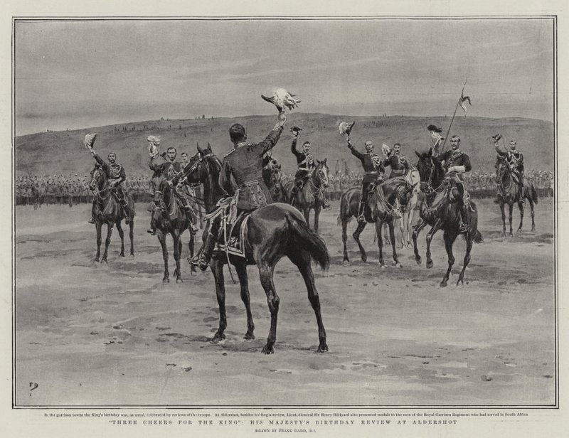 Tre skålar för kungen, Hans Majestäts födelsedagsrecension på Aldershot av Frank Dadd