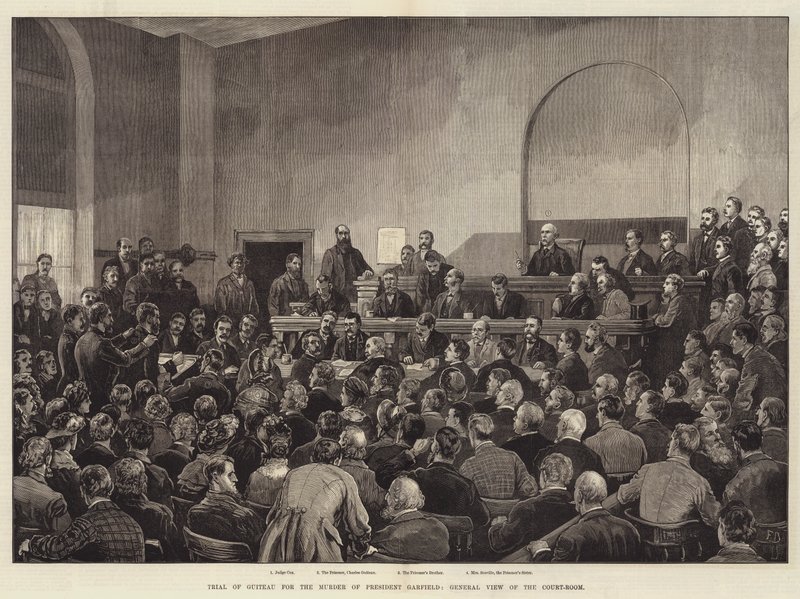 Rättegång mot Guiteau för mordet på president Garfield, allmän syn på domstolens sal av Frank Dadd