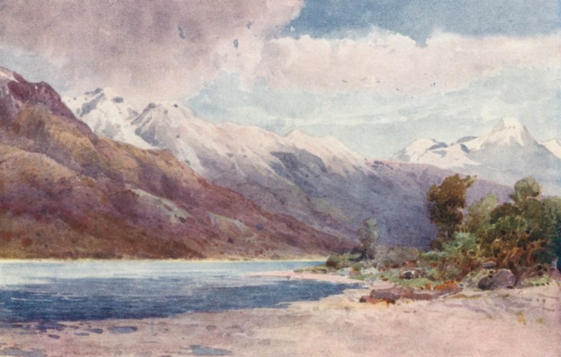 Nya Zeeland: Vid Wakatipu-sjöns huvud (färglitografi) av Frank H Wright