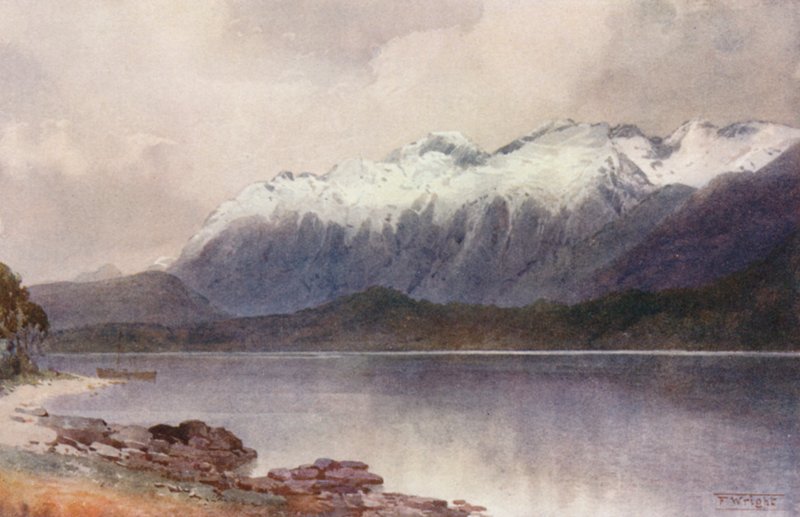 Nya Zeeland: Cathedral Peaks (färglitografi) av Frank H Wright