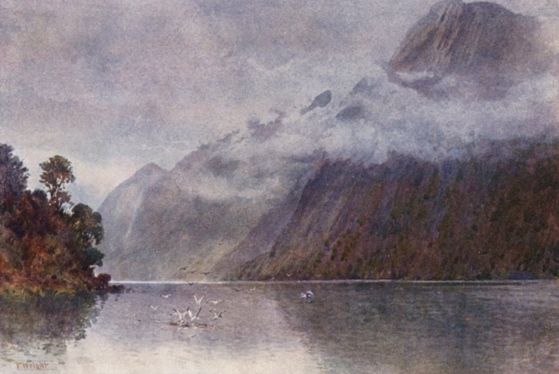 Nya Zeeland: I Milford Sound (färglitografi) av Frank H Wright