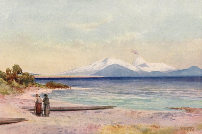 Nya Zeeland: Lake Taupo (färglitografi) av Frank H Wright