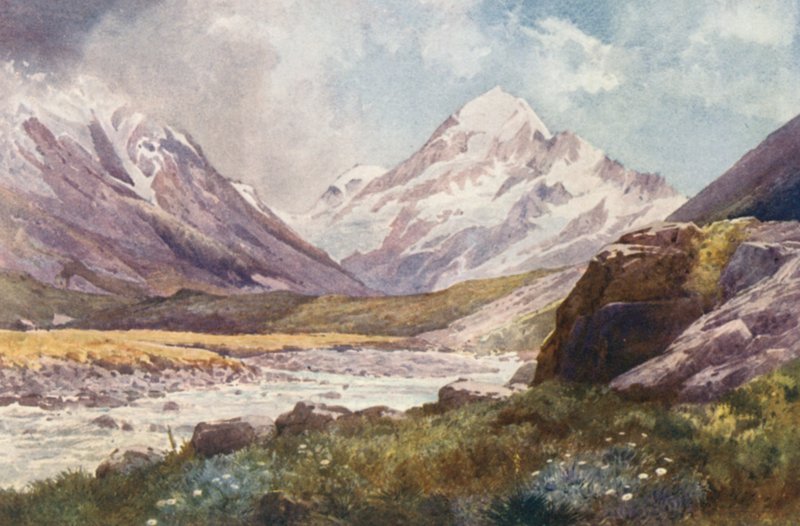 Nya Zeeland: Mount Cook (färglitografi) av Frank H Wright