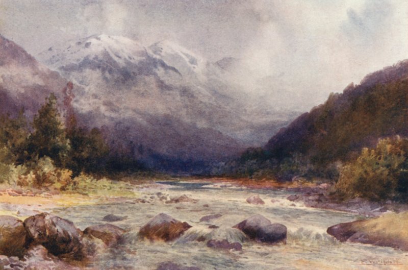 Nya Zeeland: På Bealey River (färglitografi) av Frank H Wright