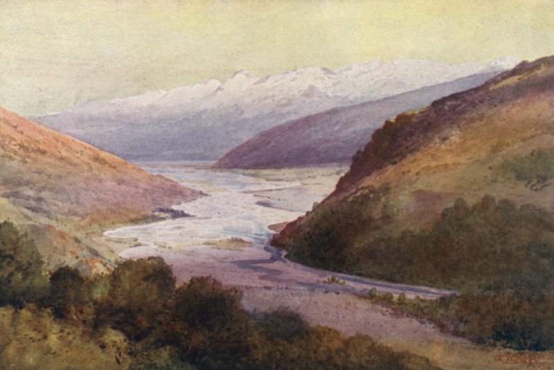 Nya Zeeland: Rees Valley och Richardson Range (färglitografi) av Frank H Wright