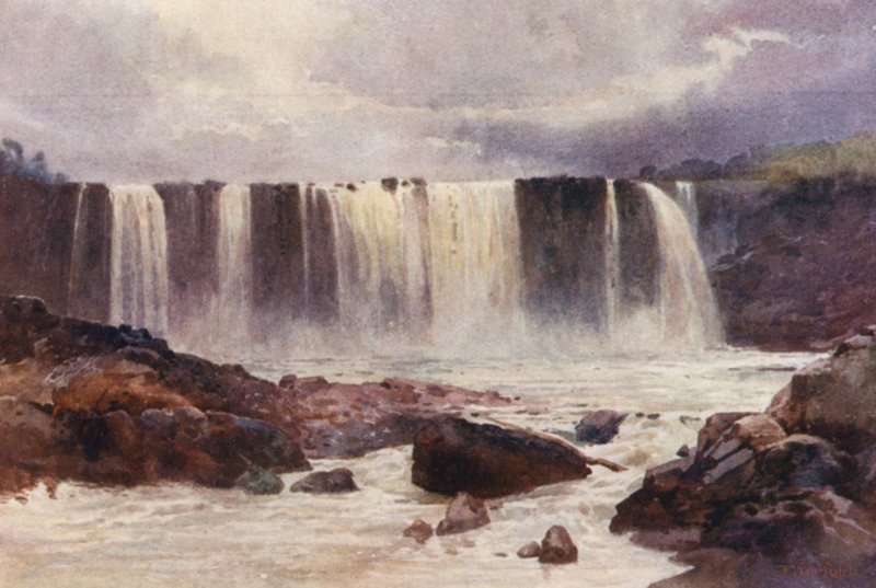 Nya Zeeland: Wairua Falls (färglitografi) av Frank H Wright