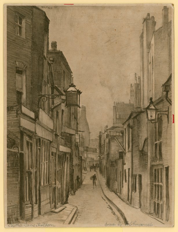 Sketch of Leather Lane, Holborn, London (gravyr) av Frank Lewis Emanuel