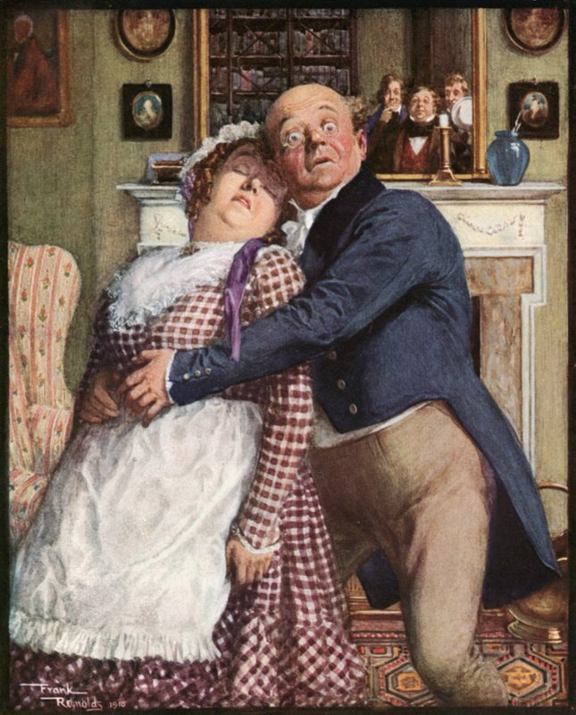 Mr Pickwick genomgår en prövande upplevelse (färglitografi) av Frank Reynolds