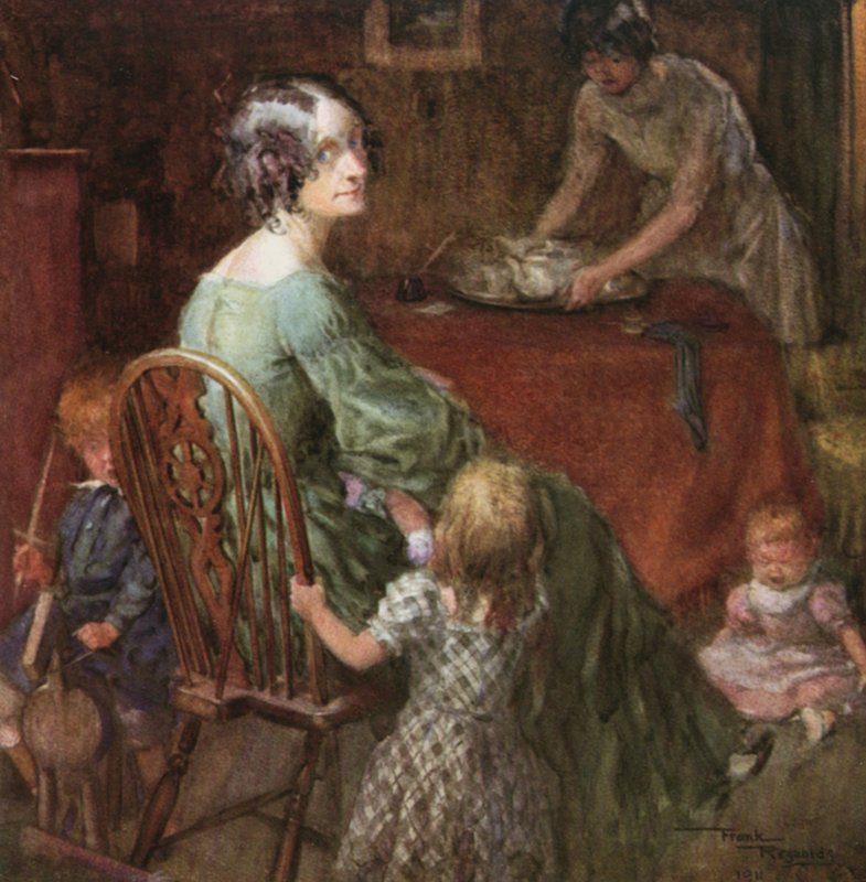 Mrs Micawber och familj (färglitografi) av Frank Reynolds