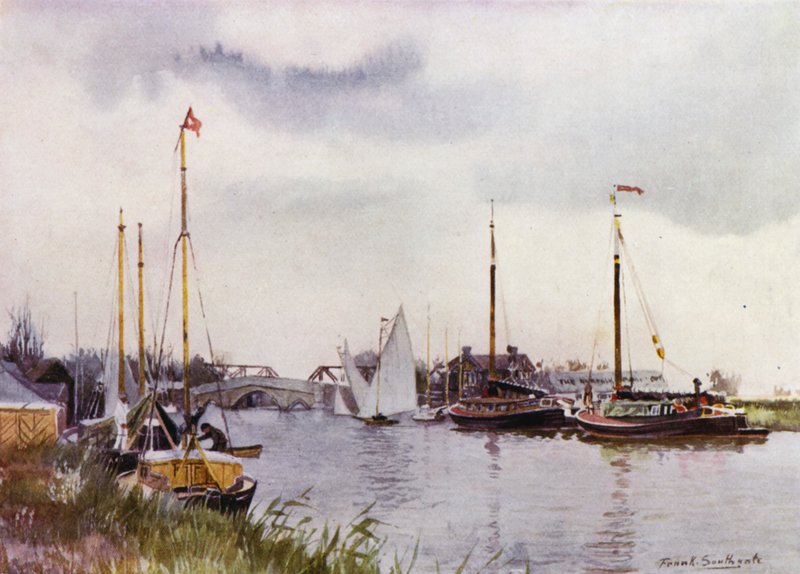 Norfolk Broads: At Potter Heigham (färg litho) av Frank Southgate