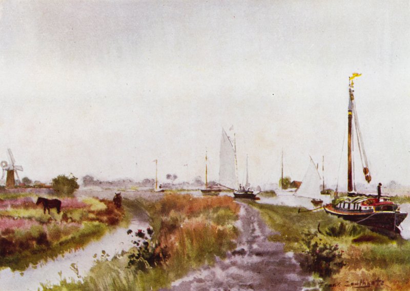Norfolk Broads: Below Potter Heigham (färg litho) av Frank Southgate