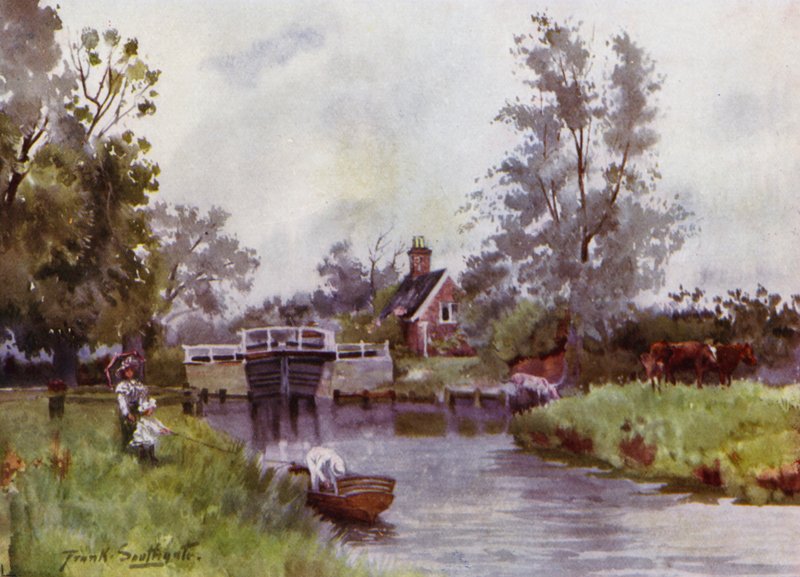 Norfolk Broads: Coltishall Lock (färg litho) av Frank Southgate