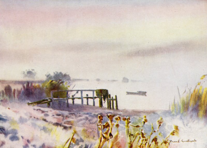 Norfolk Broads: Frosty Sunrise på Ormesby Broad (färg litho) av Frank Southgate