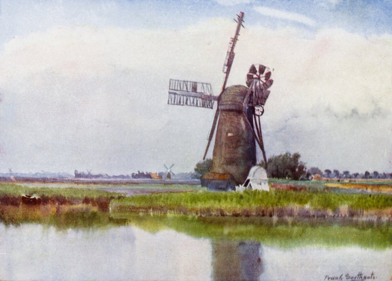 Norfolk Broads: Mill Country ovanför Stokesby (färg litho) av Frank Southgate