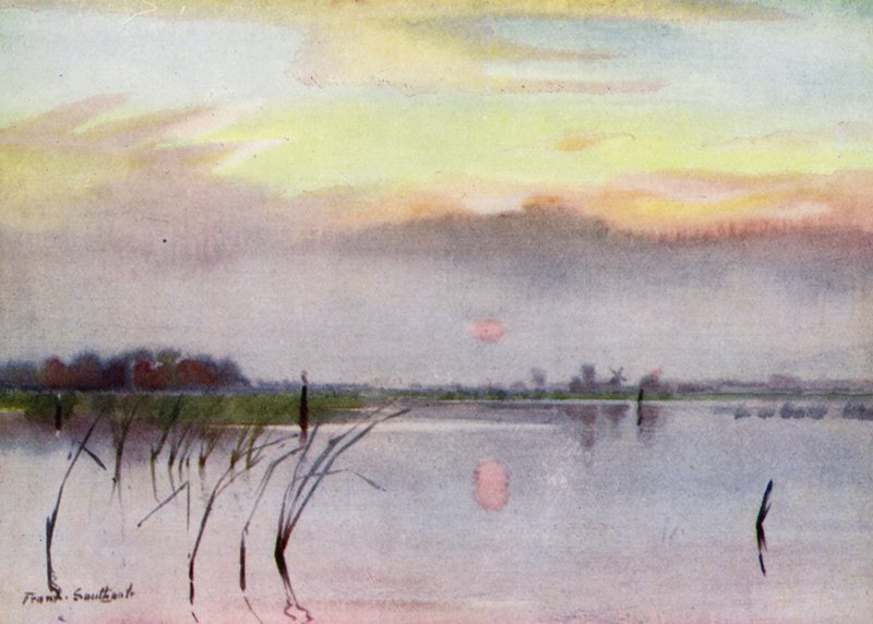 Norfolk Broads: Sunset, Heigham Sounds (färg litho) av Frank Southgate