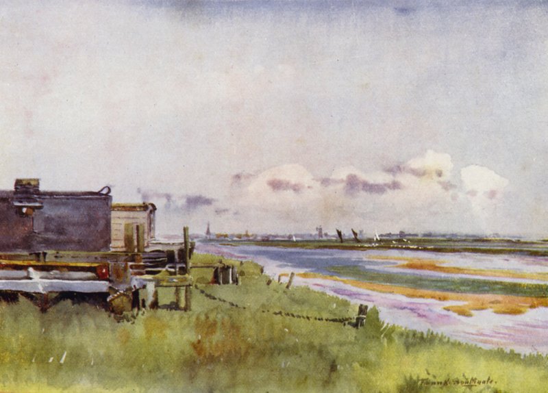 Norfolk Broads: Yarmouth från Breydon (färg litho) av Frank Southgate