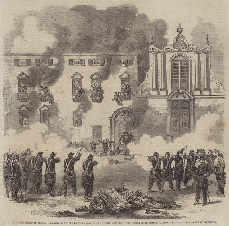 Revolutionen på Sicilien, de kungliga truppernas massaker vid de vita benediktinernas kloster i Palermo av Frank Vizetelly
