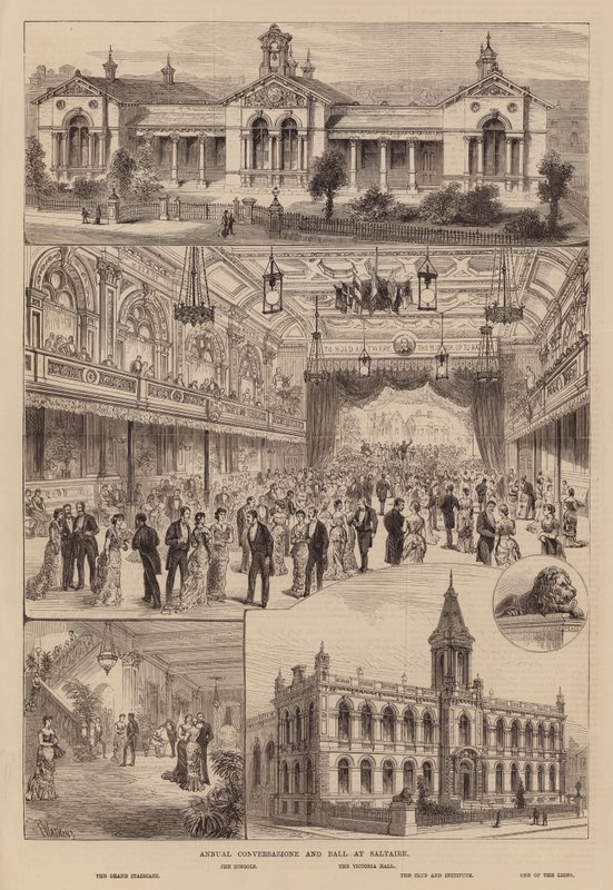 Årlig Conversazione och bal i Saltaire, Yorkshire (gravyr) av Frank Watkins
