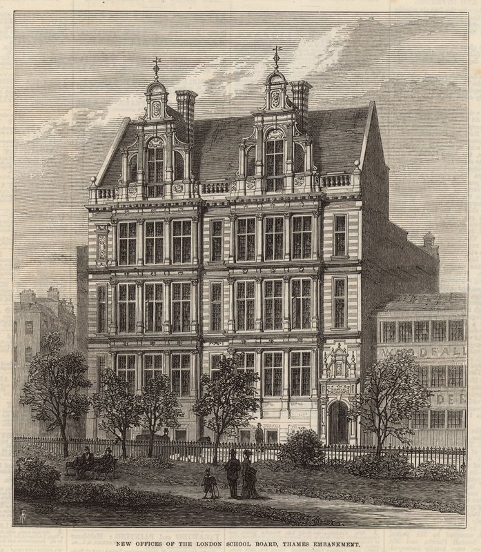 Nya kontor för London School Board, Thames Embankment (gravyr) av Frank Watkins