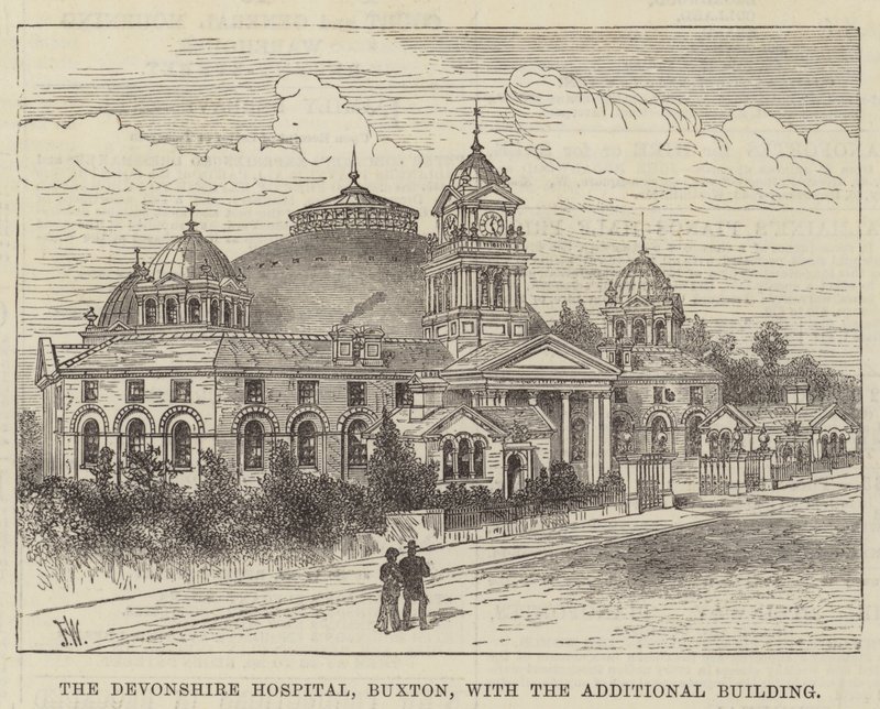 Devonshire Hospital, Buxton, med tilläggsbyggnaden av Frank Watkins