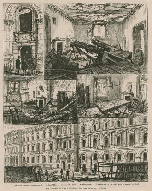 Försöket att spränga regeringskontor i Westminster (gravyr) av Frank Watkins