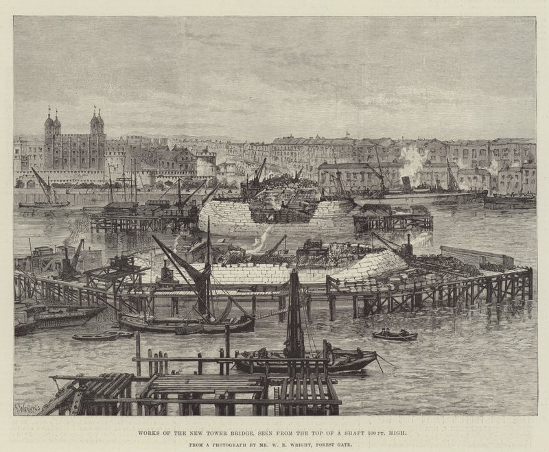 Verk av New Tower Bridge, sett från toppen av ett schakt 100 fot högt av Frank Watkins