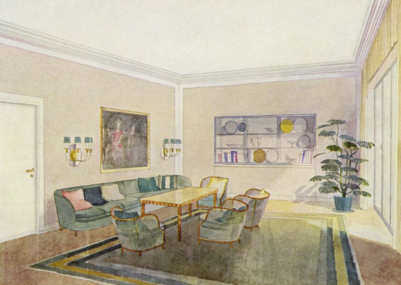 1930-talsinteriörer: Receptionsrum (litho i färg) av Frans Arnold Breuhaus de Groot