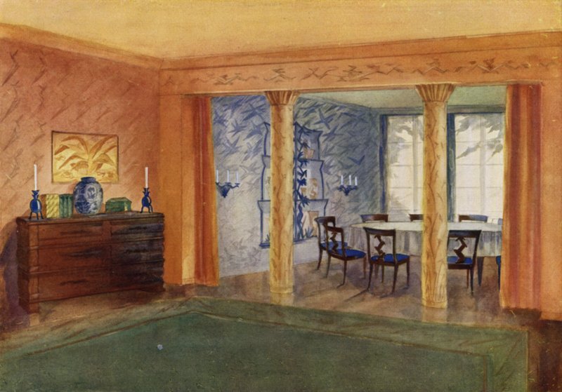 Vardagsrum och matsal (litho i färg) av Frans Arnold Breuhaus de Groot