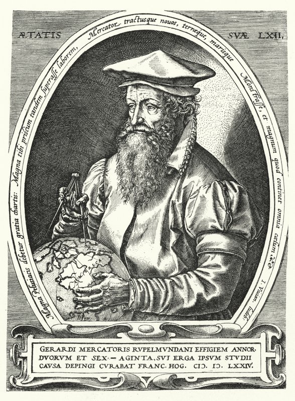 Gerardus Mercator, flamländsk kartograf, geograf och kosmograf (gravyr) av Franz (after) Hogenberg
