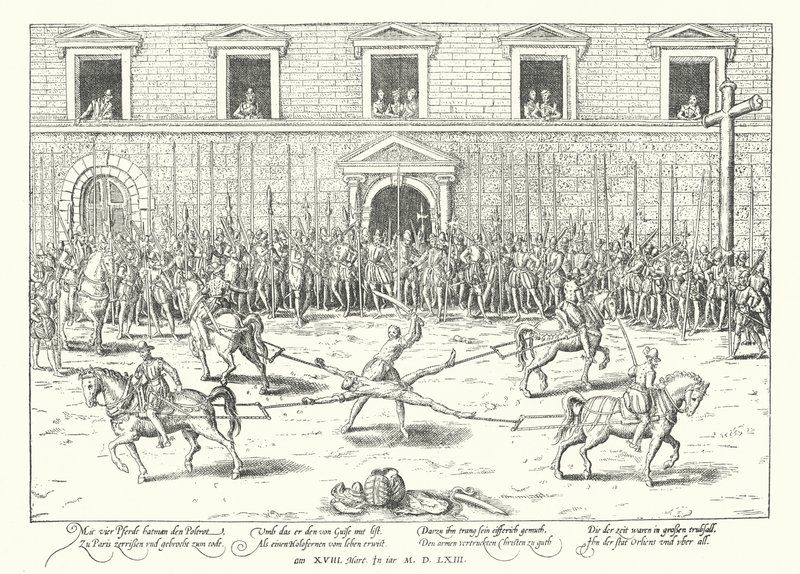 Avrättning av Jean de Poltrot för mordet på Franciskus, hertig av Guise, Paris, 1563 av Franz Hogenberg