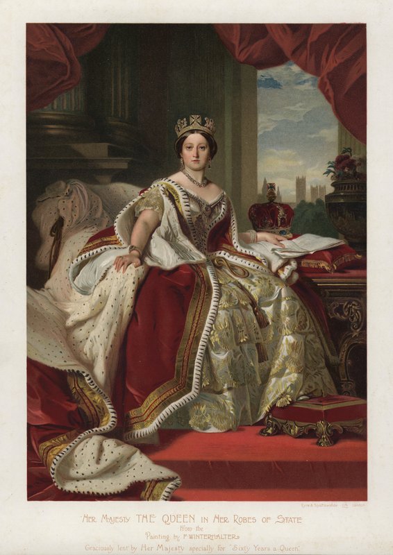 Drottning Victoria i hennes statskläder (litho i färg) av Franz Xaver  Winterhalter (after)