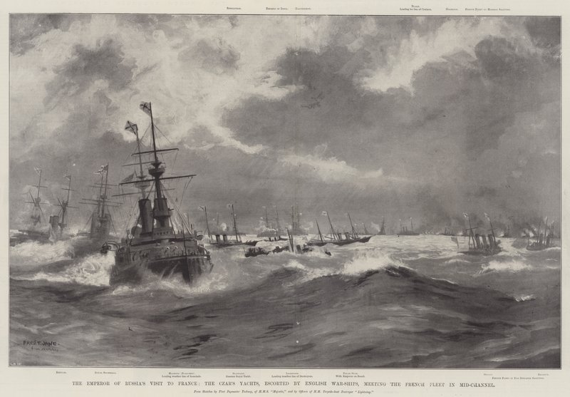 Kejsaren av Rysslands besök i Frankrike, tsarens yachter, eskorterad av engelska krigsfartyg, möter den franska flottan i mitten av kanalen av Fred T. Jane