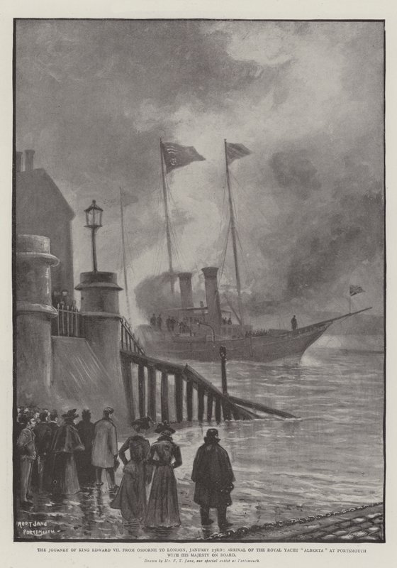 Kung Edward VII:s resa från Osborne till London, 23 januari, Ankomst av Royal Yacht Alberta i Portsmouth med Hans Majestät ombord av Fred T. Jane