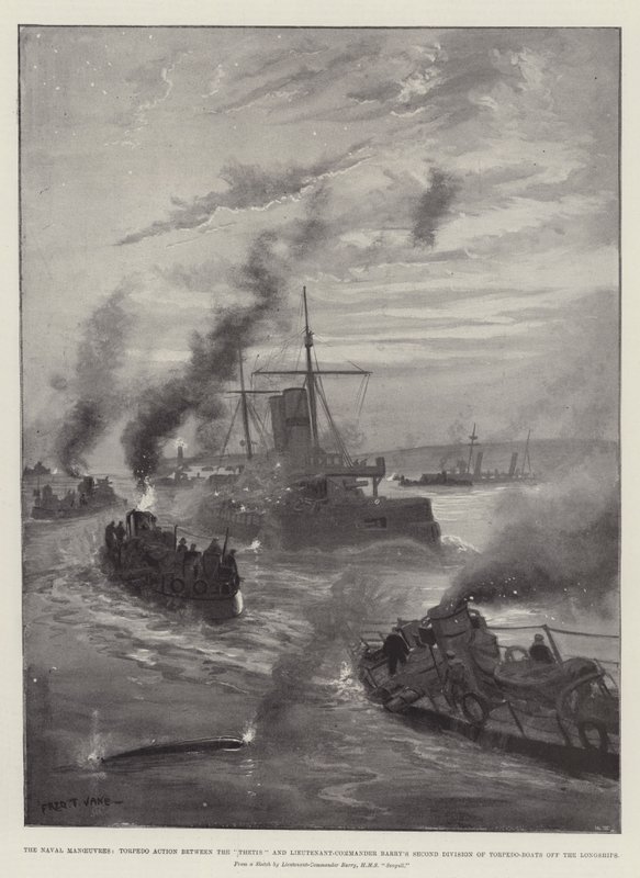 Sjömanövrarna, torpedaktion mellan Thetis och kommendörlöjtnant Barrys andra division av torpedbåtar utanför långskeppen av Fred T. Jane