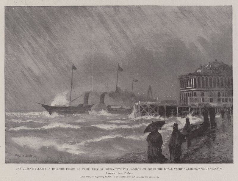 Drottningens sjukdom 1901, prinsen av Wales lämnar Portsmouth för Osborne ombord på Royal Yacht Alberta den 19 januari. av Fred T. Jane