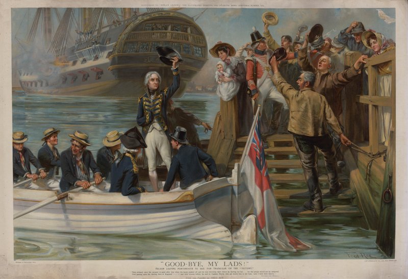 Nelson lämnar Portsmouth för att segla mot Trafalgar on the Victory (chromolitho) av Fred Roe