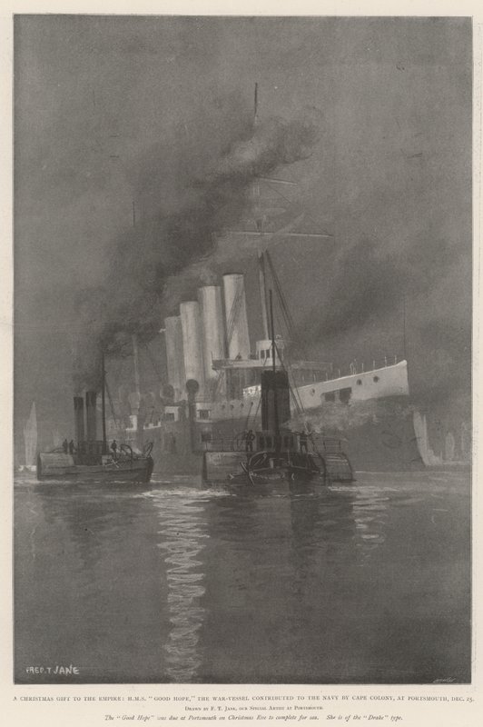 En julklapp till imperiet, HMS Good Hope, det krigsfartyg som Kapkolonin har bidragit med till flottan, i Portsmouth den 25 december. av Fred T. Jane