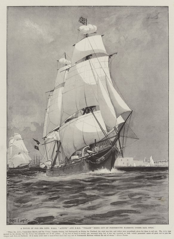 En touch av gammalt sjöliv, HMS Active och HMS Volage på väg ut ur Portsmouths hamn med segel. av Fred T. Jane