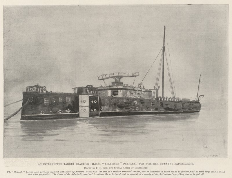 En avbruten målövning, HMS Belleisle förberedde sig för ytterligare skytteexperiment av Fred T. Jane