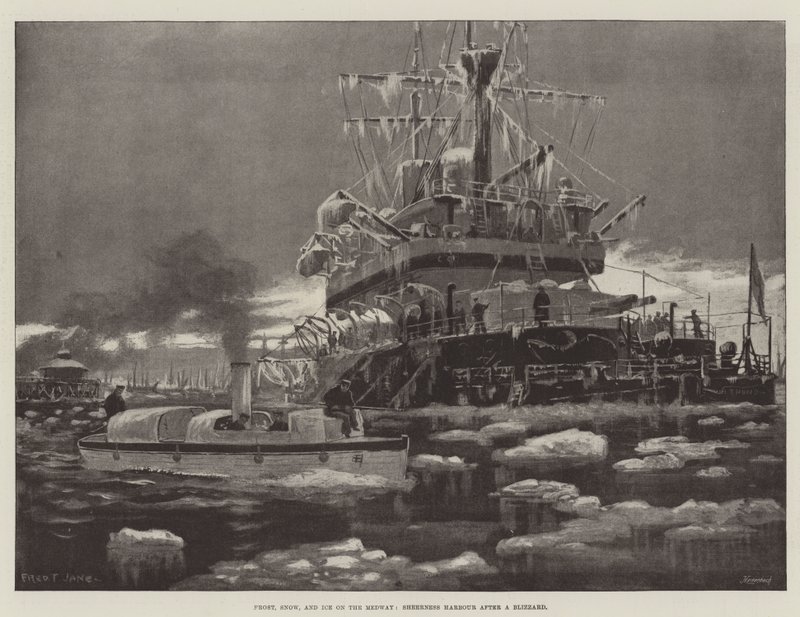 Frost, snö och is på Medway, Sheerness Harbor efter en snöstorm av Fred T. Jane