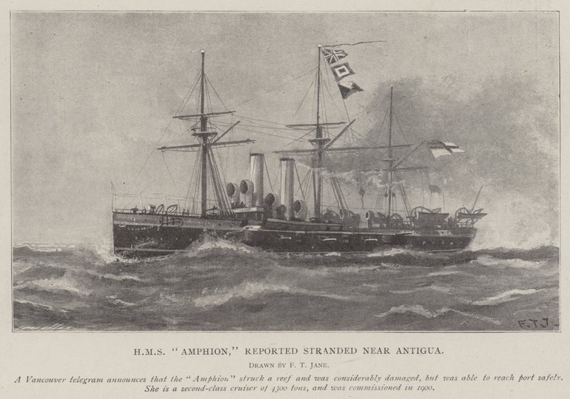 HMS Amphion, rapporteras strandsatt nära Antigua av Fred T. Jane