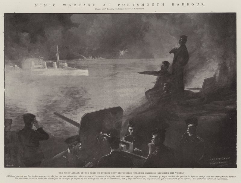 Mimic Warfare i Portsmouth Harbor av Fred T. Jane