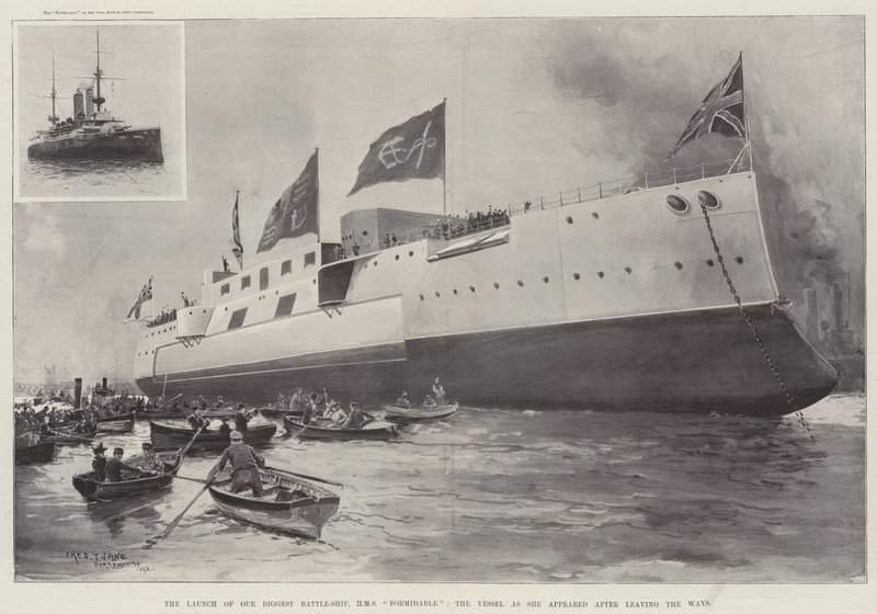 Sjösättningen av vårt största slagskepp, HMS Formidable, fartyget så som det såg ut efter att ha lämnat Ways. av Fred T. Jane