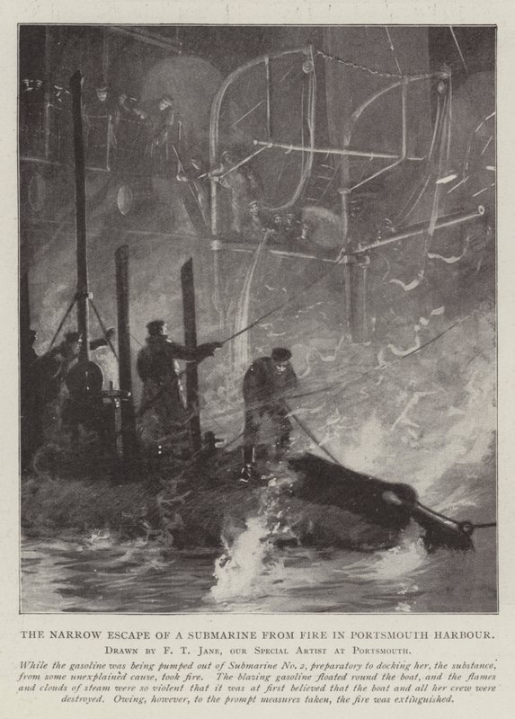 En ubåts smala flykt från en brand i Portsmouths hamn av Fred T. Jane