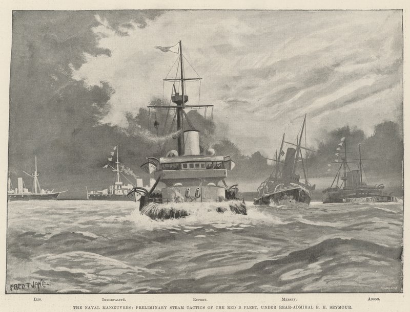 Sjömanövrarna, preliminära ångtaktiker för Red B-flottan, under konteramiral E H Seymour av Fred T. Jane