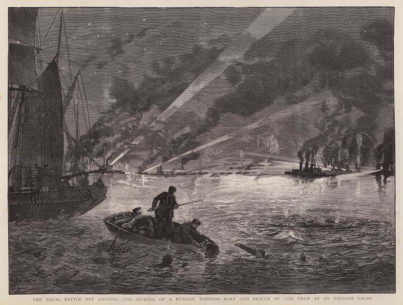 Sjöslaget vid Dantzig: förlisningen av en rysk torpedbåt och räddning av besättningen av en engelsk yacht (litho) av Fred T. Jane