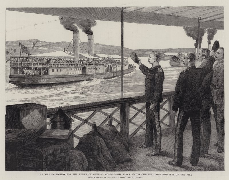 Nilexpeditionen för att hjälpa general Gordon, Black Watch hejar på Lord Wolseley på Nilen. av Frederic Villiers